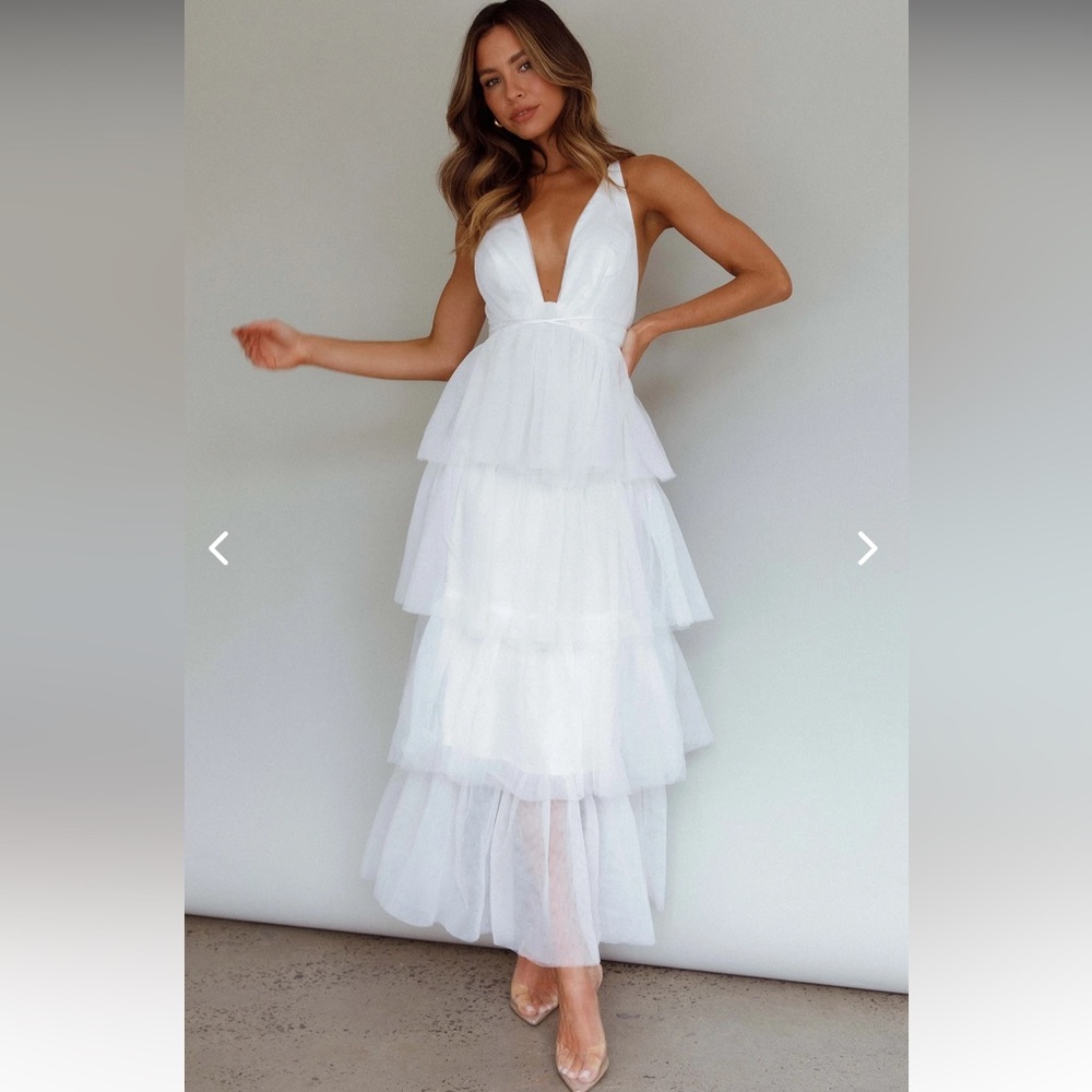 AUGUSTE TIERED FRILL MIDI DRESS WHITE